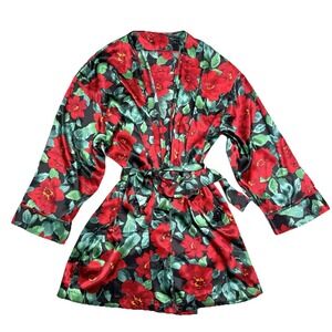 Vintage‎ Victoria Secret Gold Label Red Floral Satin Robe Kimono Womens One Size
